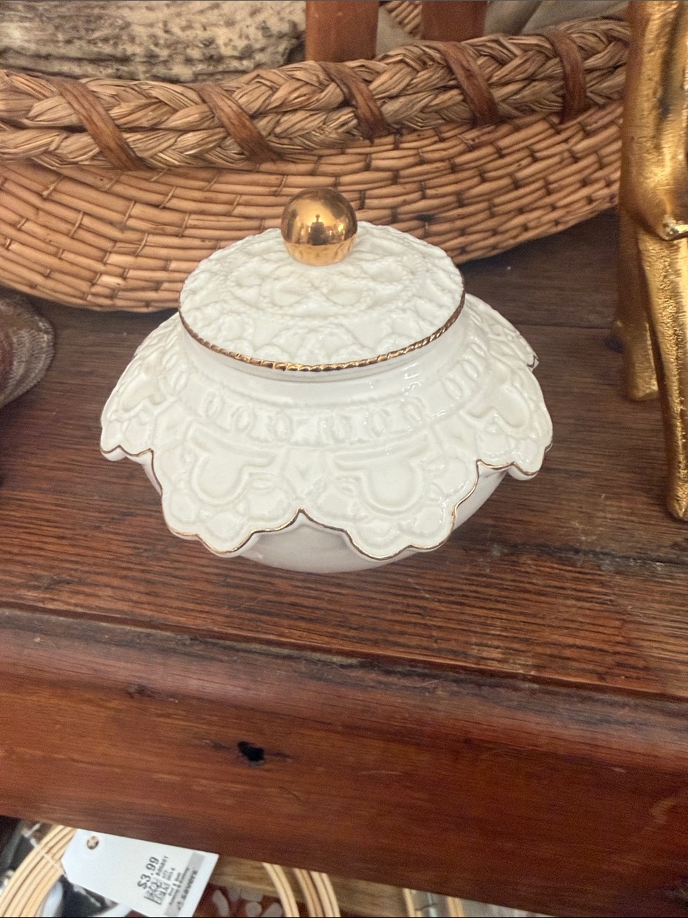 White Ceramic Lidded Trinket Jar with Gold Knob